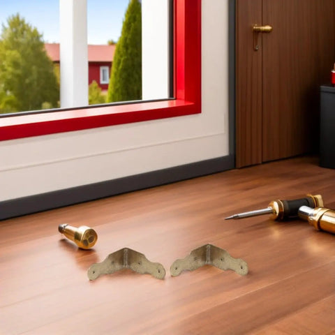 Antique Brass Corner Protectors Set Six Pack L Shaped Edge Guards for jewelry boxes and wooden chests on wooden floor.