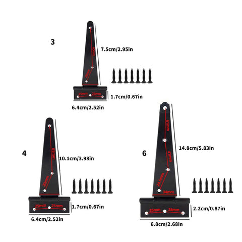 Heavy Duty T Door Hinges With Reinforced Shafts And Screws Included, black zinc iron hardware set, sizes 3, 4, 6.