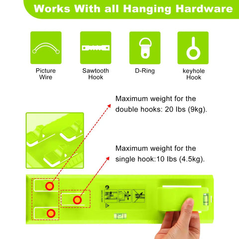 Diagram showing Picture Hanging Kit With Built In Level For Quick And Precise Wall Mounts Instaframe with weight limits.