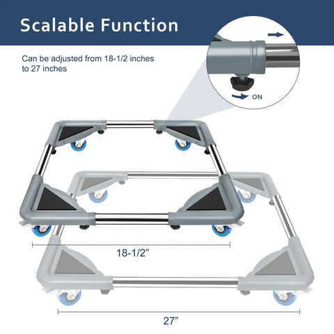 Adjustable Mobile Roller Stands For Mini Fridge And Washing Machine Telescopic Universal Base Dolly with scalable function from 18-1/2 to 27 inches.