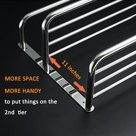 Close-up of 30 Inch Bathroom Shelf 3 Tier Wall Mount Rack With Towel Bars Extra Long Heavy Duty All Metal Build Rust Proof Stainless Steel Chrome Finish Built To Last, showing 11-inch spacing for more storage.