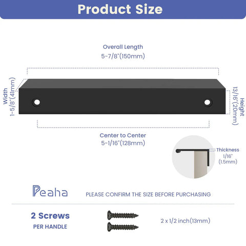 5 Inch Black Kitchen Cabinet Handles 10 Pack Modern Aluminum Alloy Finger Pulls product size diagram with dimensions and screws