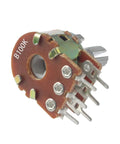 WH148 100K Potentiometers 6 Pin Dual Rotary Linear Potentiometers 15mm Shaft, brown metal body, for audio volume control, side view