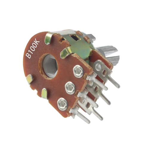 WH148 100K Potentiometers 6 Pin Dual Rotary Linear Potentiometers 15mm Shaft, brown metal body, for audio volume control, side view