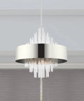 Sleek 10 Light Polished Nickel Pendant Chandelier Featuring Clean Drum Shade And Sparkling Clear Crystal Rods, viewed from below with clear crystal rods.