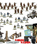 Bolt Action Battle of the Bulge Starter Set with terrain, miniatures, rulebook, and tokens for immersive WWII tabletop gaming experience.