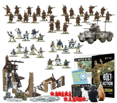 Bolt Action Battle of the Bulge Starter Set with terrain, miniatures, rulebook, and tokens for immersive WWII tabletop gaming experience.