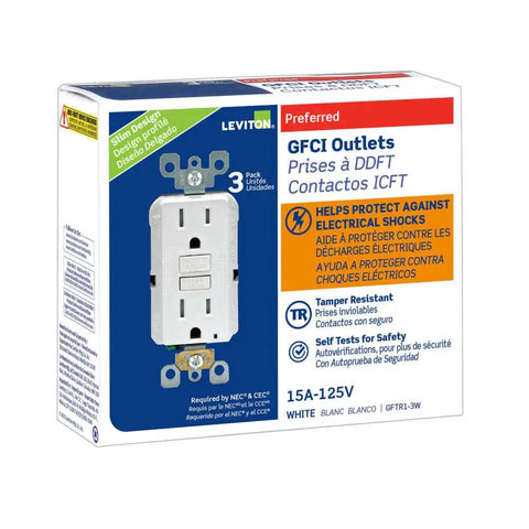 Packaging of Self Test GFCI Tamper Resistant Receptacle With LED Indicator Auto Ground Fault Protection Slim Pro 3 Pack GFTR1 3W
