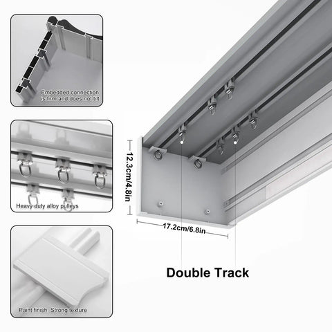 Double Curtain Pelmet Box With Heavy Duty Dual Tracks 3 In 1 Ceiling And Wall Mount Room Divider Curtain Rail For Living Room Bedroom Hotel And Villa White 180cm, double track detail