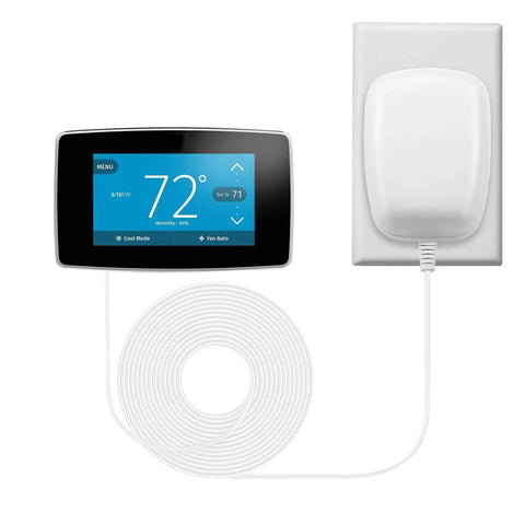 24 Volt Power Adapter Transformer C Wire Thermostat Adapter For Ring Doorbell And Thermostat Compatible With Ecobee Sensi And Honeywell 25 Foot Cable Included Easy Install Plug And Play shown plugged in with coiled cable and thermostat