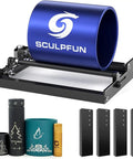 Plug And Play Laser Rotary Roller For Y Axis Engravers, 360 Degree Rotating Cylinder Attachment with blue tube and various engraved items.