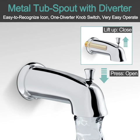 Chrome metal tub-spout with easy-to-operate diverter from the 8 Spray Bathtub And Shower Faucet Combo With Dual Shower Heads And Slick Magnetic Handheld 2 In 1 Tub And Shower Trim Kit Chrome Finish Valve Included Easy Upgrade For Modern Bathrooms.