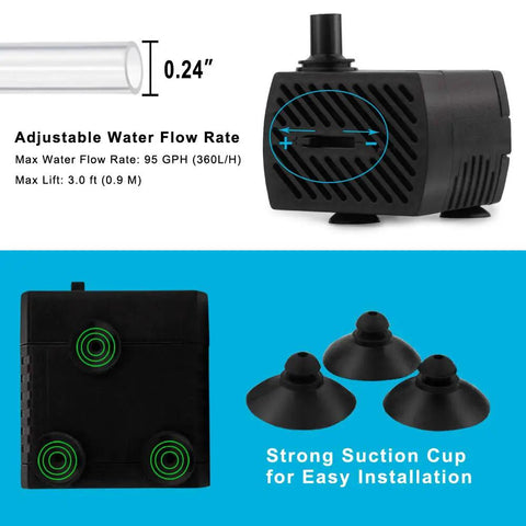 2 Pack Tiny But Mighty Submersible Water Pump 95 GPH 5W with adjustable flow rate and strong suction cups