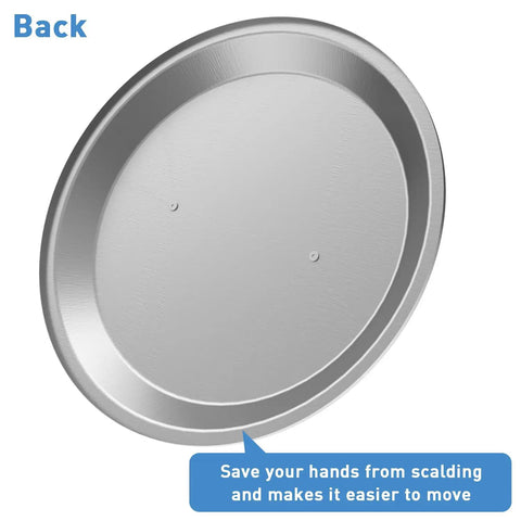Back view of Stainless Steel Fire Pit Lid With Silicone Wrapped Handles for 27 Inch Outdoor Pits, Weatherproof Silver.