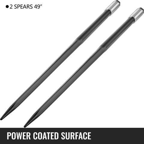 Two Beefy 49 Inch Hay Bale Spear Spike With Quick Attach 4000 Lb Capacity Square Bale Forks, black powder-coated surface.