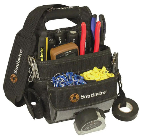 Electrician Shoulder Pouch with 16 Pocket Design, Durable 2400D Ballistic Weave Tool Carrier, holding tools and accessories.