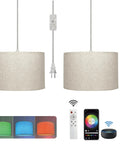 2 Pack Plug In Pendant Lights With Remote Beige Linen Hanging Lamps For Bedroom Kitchen And Dining Room 15 Foot Clear Cord and smart remote.