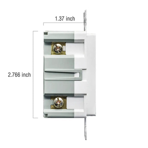 Side view of 20 Amp GFCI Outlet 125 Volt Tamper Resistant Weather Resistant Receptacle With LED Indicator Lights Pack Of 10 White UL Listed with measurements 1.37 inch wide and 2.766 inch long