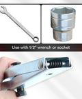 Door Hinge Spring Compressor Tool Fits One Half Inch Wrenches For Quick Auto Door Spring Installation On GM Vehicles And Light Trucks Ideal For Replacing Front Or Rear Door Springs In Minutes, showing close-up of tool with wrench and socket.