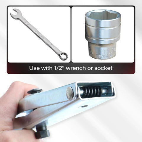Door Hinge Spring Compressor Tool Fits One Half Inch Wrenches For Quick Auto Door Spring Installation On GM Vehicles And Light Trucks Ideal For Replacing Front Or Rear Door Springs In Minutes, showing close-up of tool with wrench and socket.