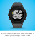 Beefy Rugged Dive Computer Watch With Sapphire Lens And Monochrome Display, shown in Slate Gray with dive data screen.