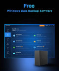Free Windows Data Backup Software interface displayed on screen with backup options and sleek black external storage device.