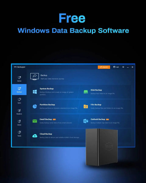 Free Windows Data Backup Software interface displayed on screen with backup options and sleek black external storage device.