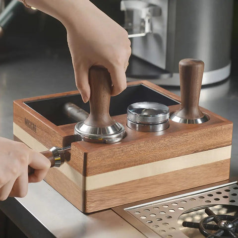 4 In 1 Espresso Knock Box And Tamp Station For 58mm Tamper Distributor And Portafilter Natural High Density Wood On Kitchen Counter