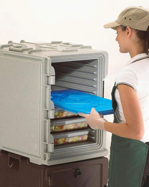 Person inserting Camchiller Cold Pack 21 By 13 Inch Full Size For Front Loading Food Pan Carriers And Carts Keeps Foods Safely Below 41 Degrees