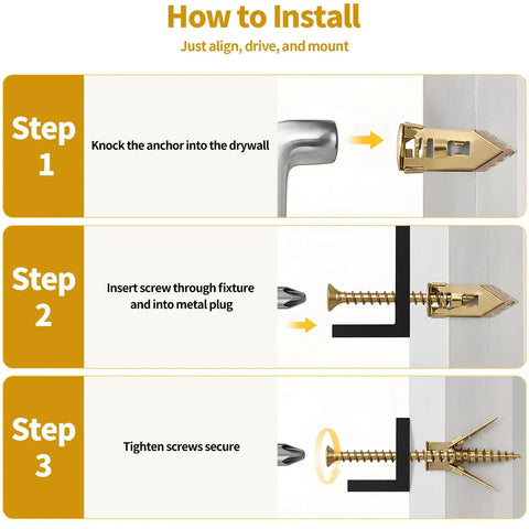 How to install Beefy Contractor Grade 442-Piece Set Self Drilling Drywall Anchors Kit With Screws No Drill Needed Wall Anchors Four Sizes Zinc Plated Expansion Screws And Two Drill Bits Holds Up To 75 Lb, 3-step guide