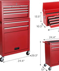 Rock Solid Heavy Duty Steel Tool Chest With 8 Deep Drawers And Rollin Locking Wheels Detachable Top Liner Side Hooks Hella Sturdy Garage Storage Cart In Red with dimensions displayed.