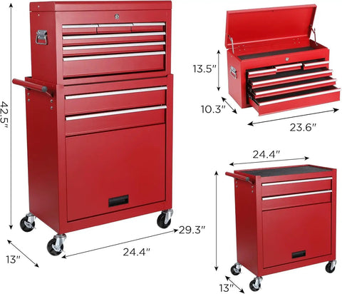 Rock Solid Heavy Duty Steel Tool Chest With 8 Deep Drawers And Rollin Locking Wheels Detachable Top Liner Side Hooks Hella Sturdy Garage Storage Cart In Red with dimensions displayed.