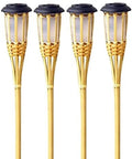 Solar Powered Bamboo Tiki Torch Lights 4 Pack For Outdoors Garden Yard And Fence Line Warm White Glow Waterproof And Rustproof Auto On At Dusk No Wiring Needed Eco Friendly Easy Setup Lanterns For Cozy Nights