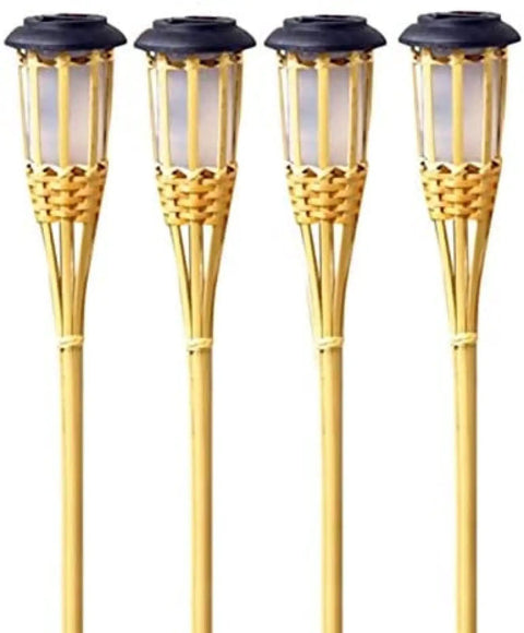 Solar Powered Bamboo Tiki Torch Lights 4 Pack For Outdoors Garden Yard And Fence Line Warm White Glow Waterproof And Rustproof Auto On At Dusk No Wiring Needed Eco Friendly Easy Setup Lanterns For Cozy Nights