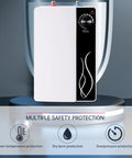 Compact 1500W 10L Electric Water Heater 110V For Kitchen Bathroom And RV with safety features, black and white design