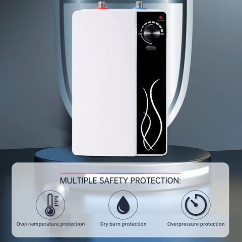 Compact 1500W 10L Electric Water Heater 110V For Kitchen Bathroom And RV with safety features, black and white design