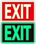 Two Pack Glow In The Dark Aluminum Exit Signs 12x7 Inches Photoluminescent Laminated For UV Weather And Fade Resistance Built Tough Easy To Spot Indoors And Outdoors For Office School Warehouse Business Fire Exit Sign, red and green