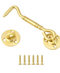 Beefy 4 Inch Satin Brass Hook and Eye Latch with screws, heavy-duty gate latch, antique style privacy lock for barn doors and sheds.