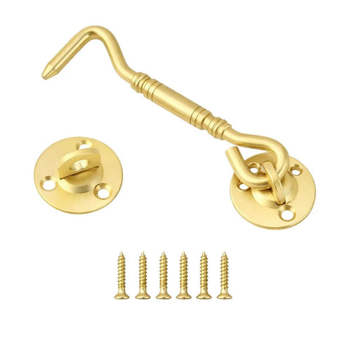 Beefy 4 Inch Satin Brass Hook and Eye Latch with screws, heavy-duty gate latch, antique style privacy lock for barn doors and sheds.