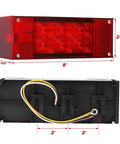 Front and back view of a 2 Pack 12V LED Submersible Low Profile Rectangular Trailer Lights Kit With Stop Turn Running Lights And License Plate Illumination, Waterproof Marine Grade Lighting For Boat Truck Trailer 80 Inch Width And Up showing dimensions.