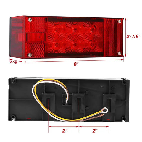 Front and back view of a 2 Pack 12V LED Submersible Low Profile Rectangular Trailer Lights Kit With Stop Turn Running Lights And License Plate Illumination, Waterproof Marine Grade Lighting For Boat Truck Trailer 80 Inch Width And Up showing dimensions.