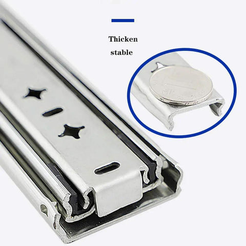 Close-up of heavy duty drawer slides with 120kg load capacity ball bearing runners, 500mm removable rails showing thickness and stability.