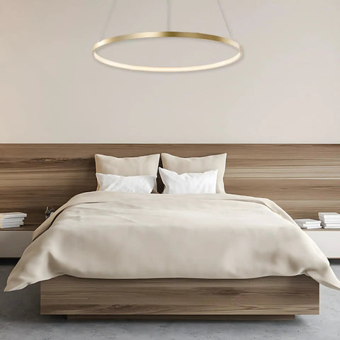 Lit LED Ring Pendant Light With Remote Control 23.6 Inch Halo Chandelier in bedroom above bed, minimalist design.