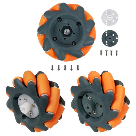 Front view of 65mm orange and gray mecanum wheel with two coupling styles, mounting discs and screws