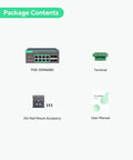 Package contents of Industrial 8 Port Cloud Managed PoE Switch with 4 SFP Uplinks, terminal, din rail mount, and user manual