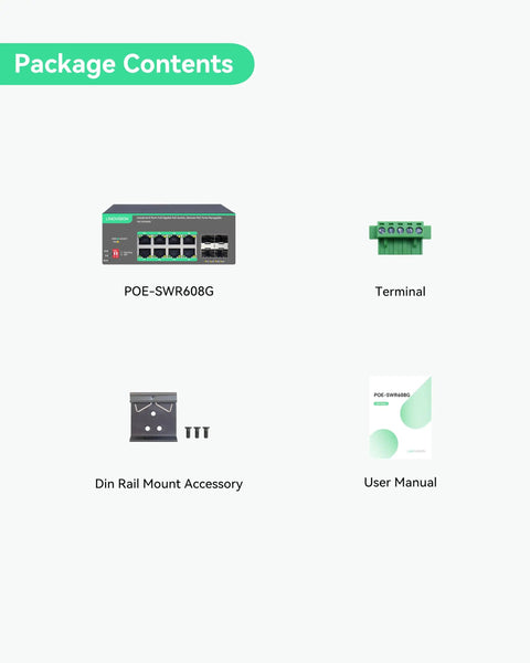Package contents of Industrial 8 Port Cloud Managed PoE Switch with 4 SFP Uplinks, terminal, din rail mount, and user manual