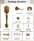 Package contents of Vintage Brass Front Door Handle No Lock for Exterior Doors, including handle, plate, washers, screws.