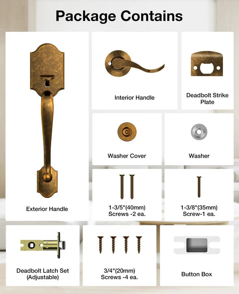 Package contents of Vintage Brass Front Door Handle No Lock for Exterior Doors, including handle, plate, washers, screws.