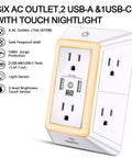Six Outlet Wall Mount Extender With Three Sided Design And One Usb C Fast Charger Paired With A Soft Led Night Light.