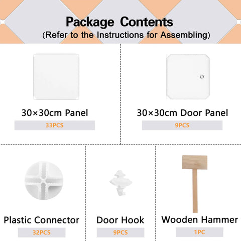 Image showing package contents for the 9 Cube Storage Organizer With Doors For Bedroom And Living Room, including panels and connectors.